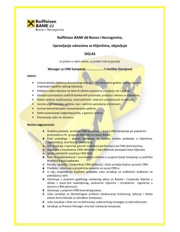 Raiffeisen BANK dd Bosna i Hercegovina, Upravljanje odnosima sa ...