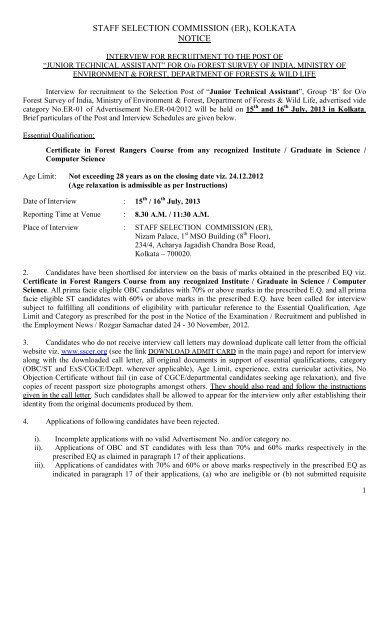 Interview Notice for recruitment to the post of Junior ... - Sscer.org