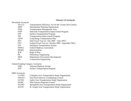 Glossary of Acronyms - Missouri Department of Transportation