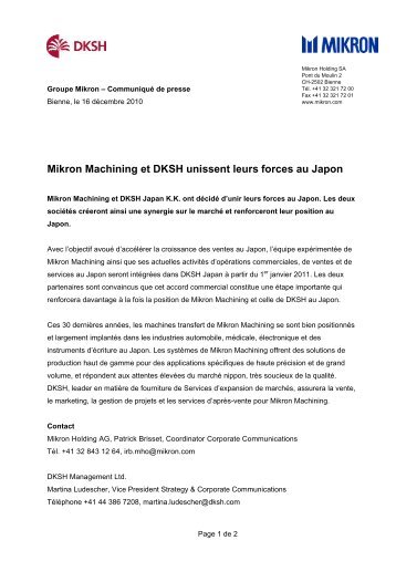 Mikron Machining et DKSH unissent leurs forces au Japon