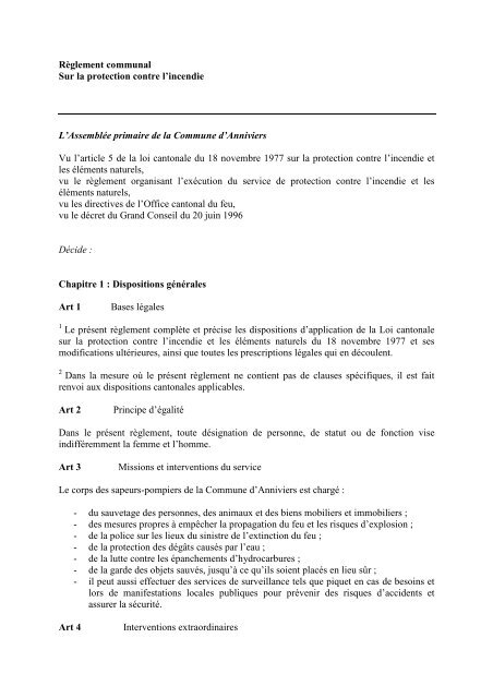 Règlement communal sur la protection contre l'incendie