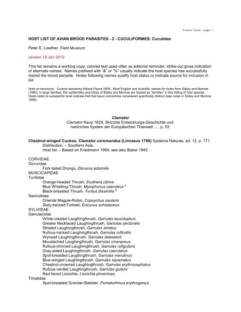 HOST LIST OF AVIAN BROOD PARASITES - 2 - The Field Museum