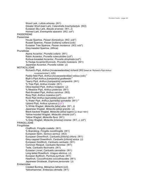 HOST LIST OF AVIAN BROOD PARASITES - 2 - The Field Museum