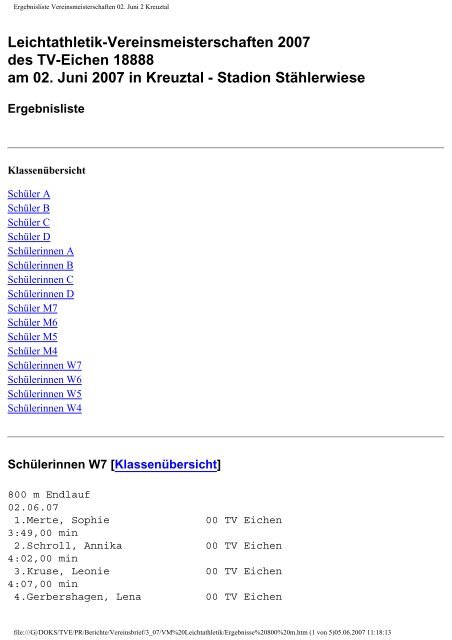 Ergebnisliste Vereinsmeisterschaften 02. Juni 2 Kreuztal - TV Eichen