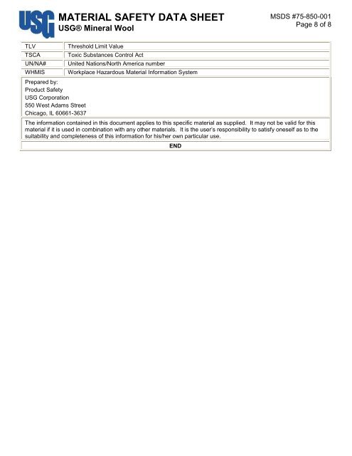 MATERIAL SAFETY DATA SHEET - USG Corporation