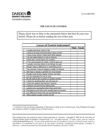 Locus of Control Instrument Please check true or false to the ...