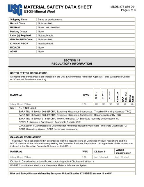 MATERIAL SAFETY DATA SHEET - USG Corporation