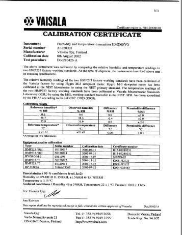 Vaisala HMD60YO/HMD60T Calibration Certificate