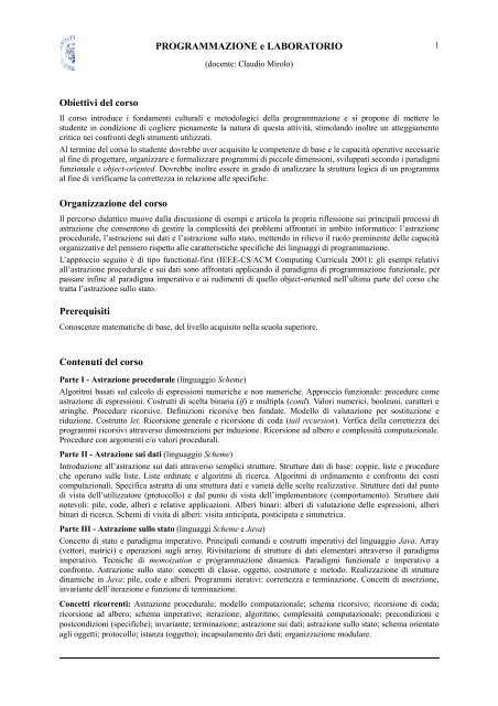 Programma del Corso - Dipartimento di Matematica e Informatica