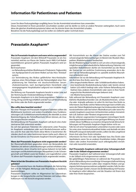 Information für Patientinnen und Patienten Pravastatin Axapharm®