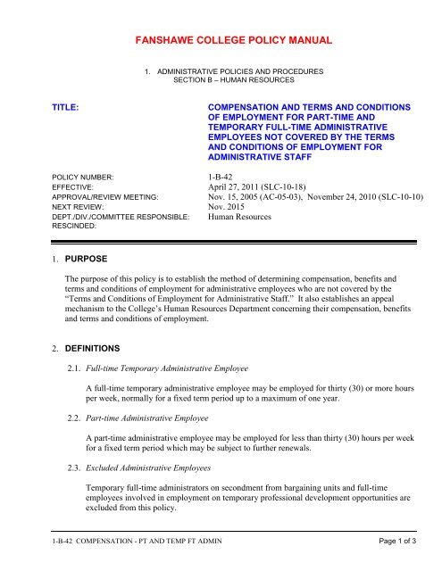Compensation and Terms and Conditions of Employment for Part 