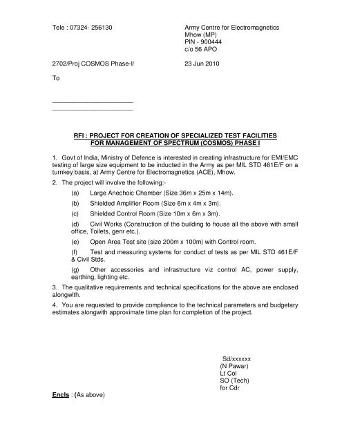 rfi : project for creation of specialized test facilities - Indian Army