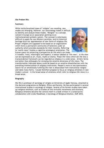 Ole Preben Riis Summary While institutionalized types of 'religion ...