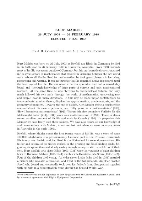 KURT MAHLER 26 JULY 1903 ? 26 FEBRUARY 1988 ELECTED ...