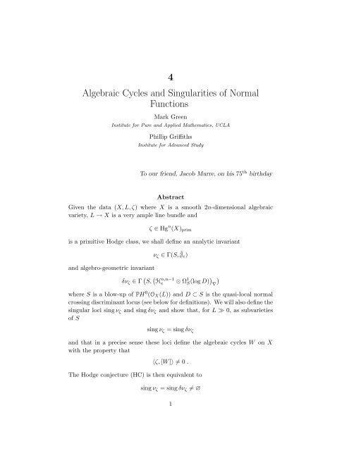 4 Algebraic Cycles and Singularities of Normal Functions