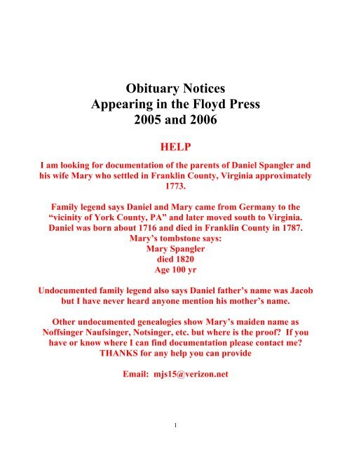 Obituary Notices Appearing in the Floyd Press 2005 and 2006