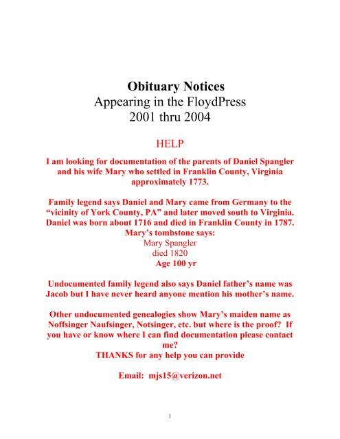 Obits 2001 Thru 2004 - Genealogy.the-spanglers.net