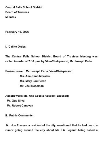 Central Falls School District Board of Trustees Minutes February 16 ...