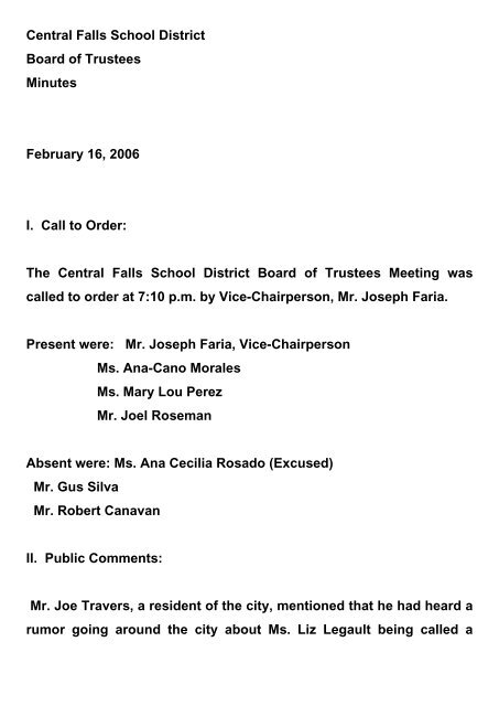Central Falls School District Board of Trustees Minutes February 16 ...