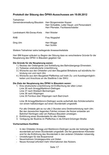 Protokoll der Sitzung des ÖPNV-Ausschusses am 19.09 ... - Blaustein
