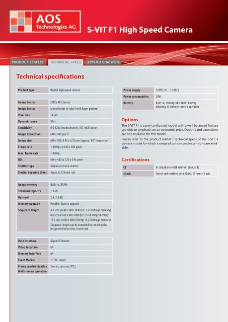 Technical specifications S-VIT F1 High Speed Camera