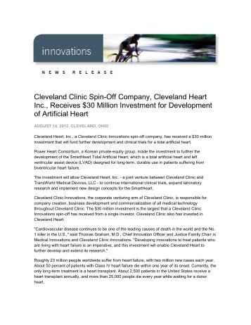 Cleveland Clinic Spin-Off Company, Cleveland Heart Inc., Receives ...