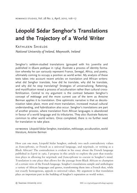 Léopold Sédar Senghor's Translations and the Trajectory of a World ...