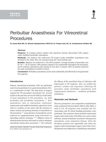 Peribulbar Anaesthesia For Vitreoretinal Procedures - KSOS