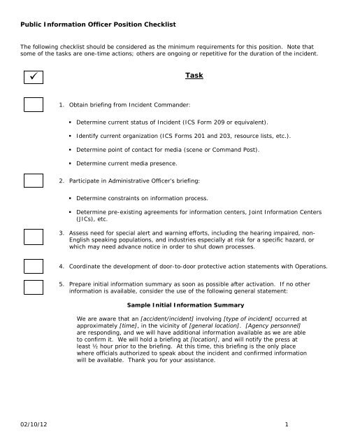 Public Information Officer Position Checklist