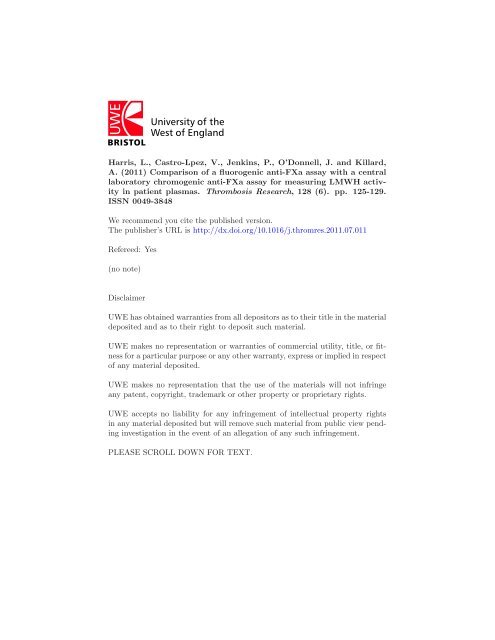 (2011) Comparison of a fluorogenic anti-FXa assay with