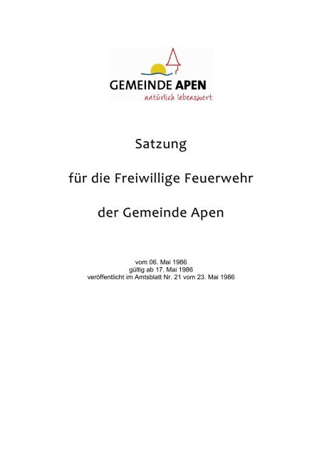 Satzung für die Freiwillige Feuerwehr der Gemeinde Apen