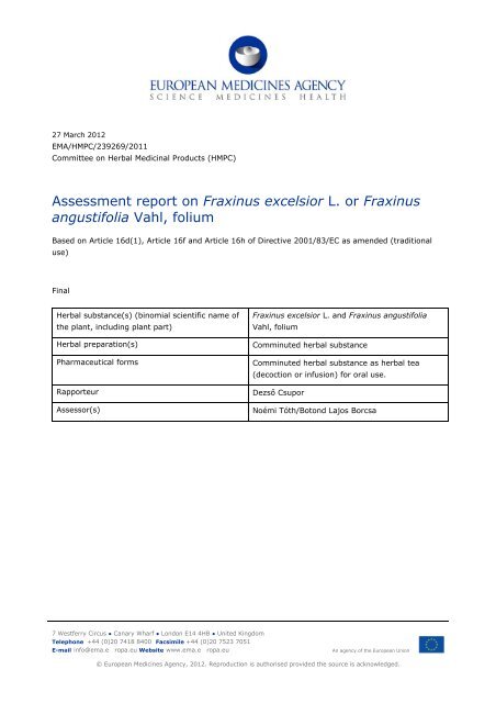 Assessment report on Fraxinus excelsior L. or Fraxinus angustifolia ...