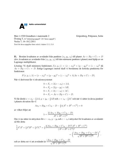 Mat-1.1520 Grundkurs i matematik 2 Gripenberg, Pohjonen, Solin ...