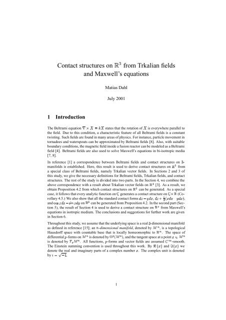 Contact structures on from Trkalian fields and Maxwell's equations
