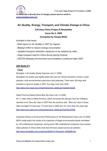 2008 China E-Newsletter - Clean Air Initiative