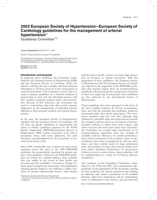 ESH, ESC Guidelines for Arterial Hypertension Management 2003