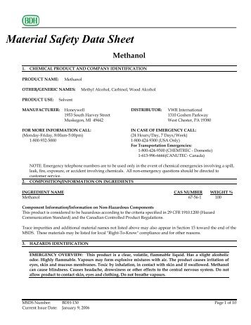 Material Safety Data Sheet Methanol