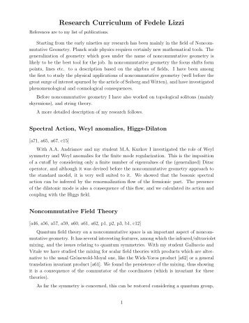 Research Curriculum of Fedele Lizzi