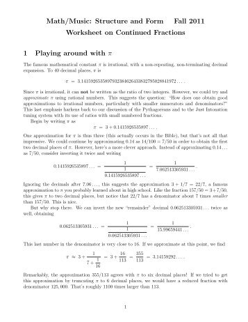 Worksheet on Continued Fractions - Mathematics and Computer ...