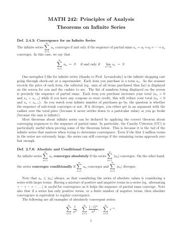 MATH 242: Principles of Analysis Theorems on Infinite Series