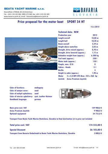 Price proposal for the motor boat SPORT 34 HT - Bavaria Yachtbau