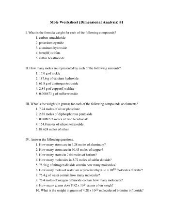 Mole Worksheet (Dimensional Analysis) #1