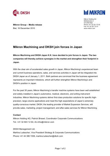 Mikron Machining and DKSH join forces in Japan