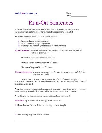 Run On Sentence and Fragments | Sentence Structure Worksheets