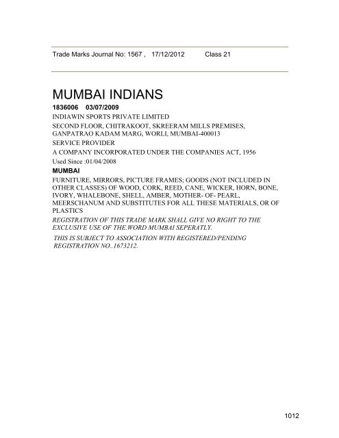 Trade Marks Journal No: 1567 17/12/2012 p`kaSana : Baart sarkar ...