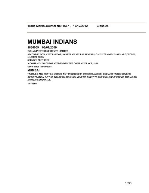 Trade Marks Journal No: 1567 17/12/2012 p`kaSana : Baart sarkar ...