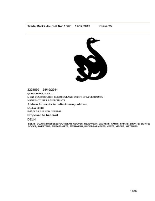 Trade Marks Journal No: 1567 17/12/2012 p`kaSana : Baart sarkar ...