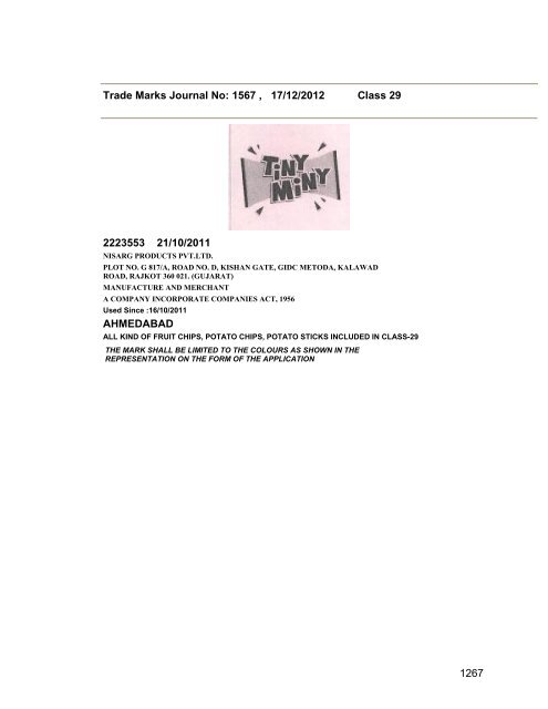 Trade Marks Journal No: 1567 17/12/2012 p`kaSana : Baart sarkar ...