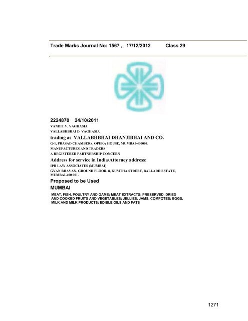 Trade Marks Journal No: 1567 17/12/2012 p`kaSana : Baart sarkar ...