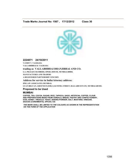 Trade Marks Journal No: 1567 17/12/2012 p`kaSana : Baart sarkar ...